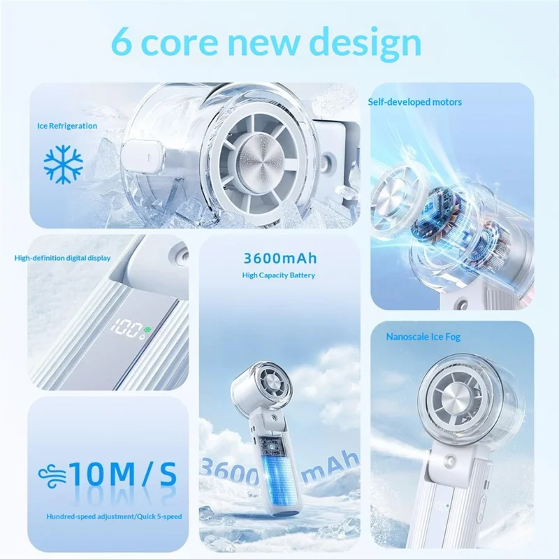 Y70 Foldable Ice Spray Fan 16°C Cooling Mist 3600mAh Portable Handheld Neck Desktop Fan for Summer Outdoor - White