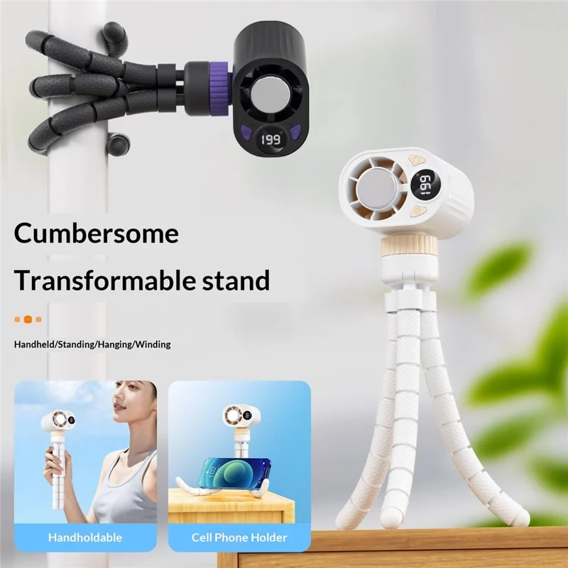 X31 Octopus Tripod Fan Semiconductor Cooling Handheld Turbo Fan with Digital Display for Baby Stroller - White