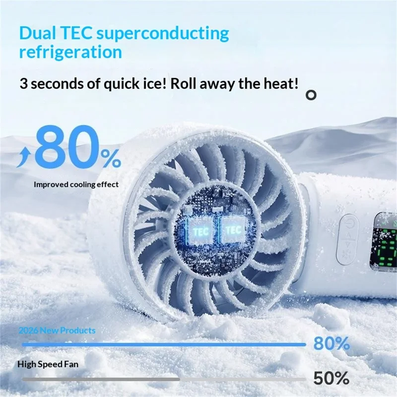 M814 Handheld Folding Fan 3000mAh Dual TEC Cooling Dynamic Screen Portable Neck Hanging Desktop Fan for Summer - White