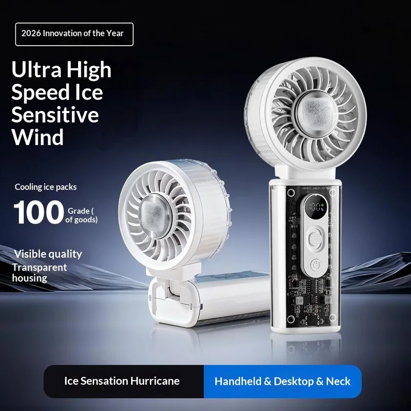 H06 Transparent Folding Handheld Neck Hanging Fan 3600mAh Semiconductor Cooling Portable Desktop Fan - White