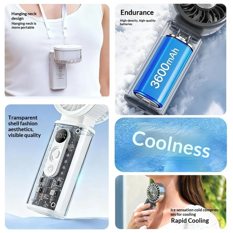 H06 Transparent Folding Handheld Neck Hanging Fan 3600mAh Semiconductor Cooling Portable Desktop Fan - White