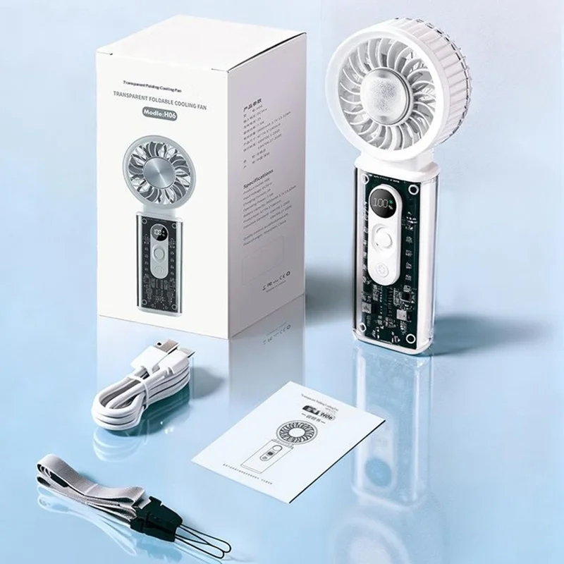 H06 Transparent Folding Handheld Neck Hanging Fan 3600mAh Semiconductor Cooling Portable Desktop Fan - White