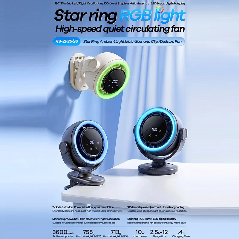 REMAX RS-ZF26 Star Ring RGB Lichtventilator 3600mAh 100-trapsloze Regelbare Automatische Oscillerende Tafelventilator - Beige