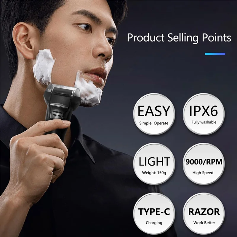 RUNWE Electric Shaver 3D Floating Head IPX6 Waterproof Type-C Fast Charging Razor for Men