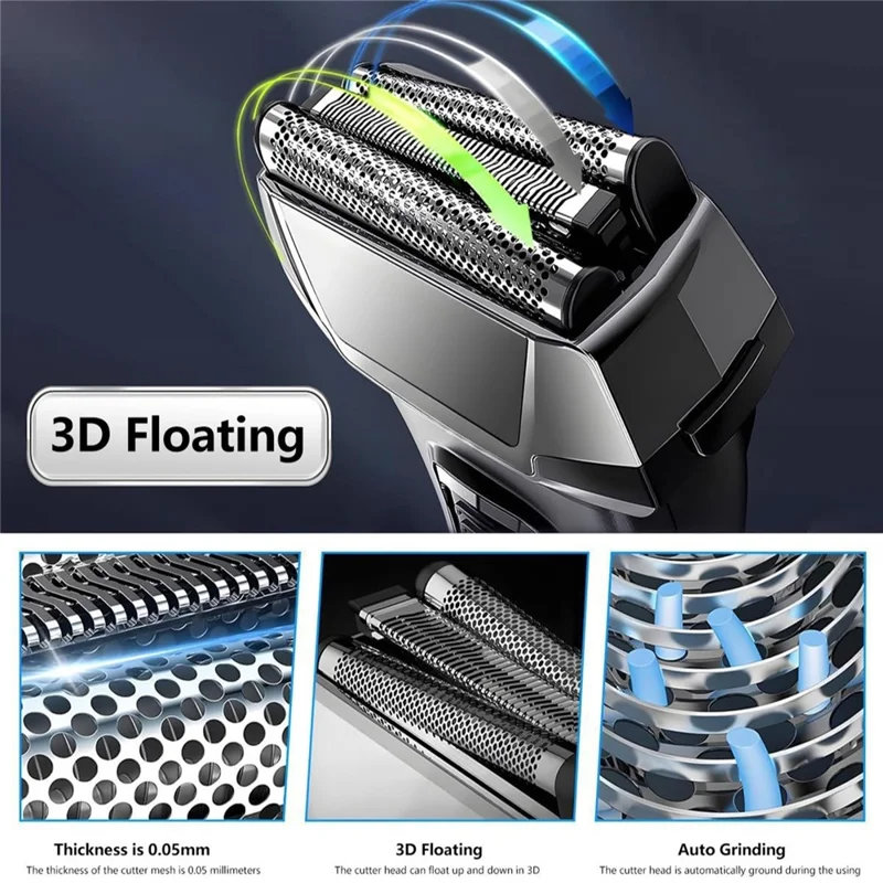 RUNWE Electric Shaver 3D Floating Head IPX6 Waterproof Type-C Fast Charging Razor for Men