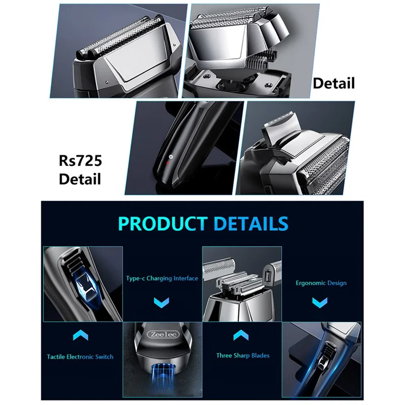RUNWE Electric Shaver 3D Floating Head IPX6 Waterproof Type-C Fast Charging Razor for Men