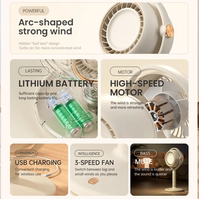 Y-3 Floor Standing Fan USB Rechargeable 3 Speed Bladeless Turbo Air Circulation Fan for Bedroom Office - Beige