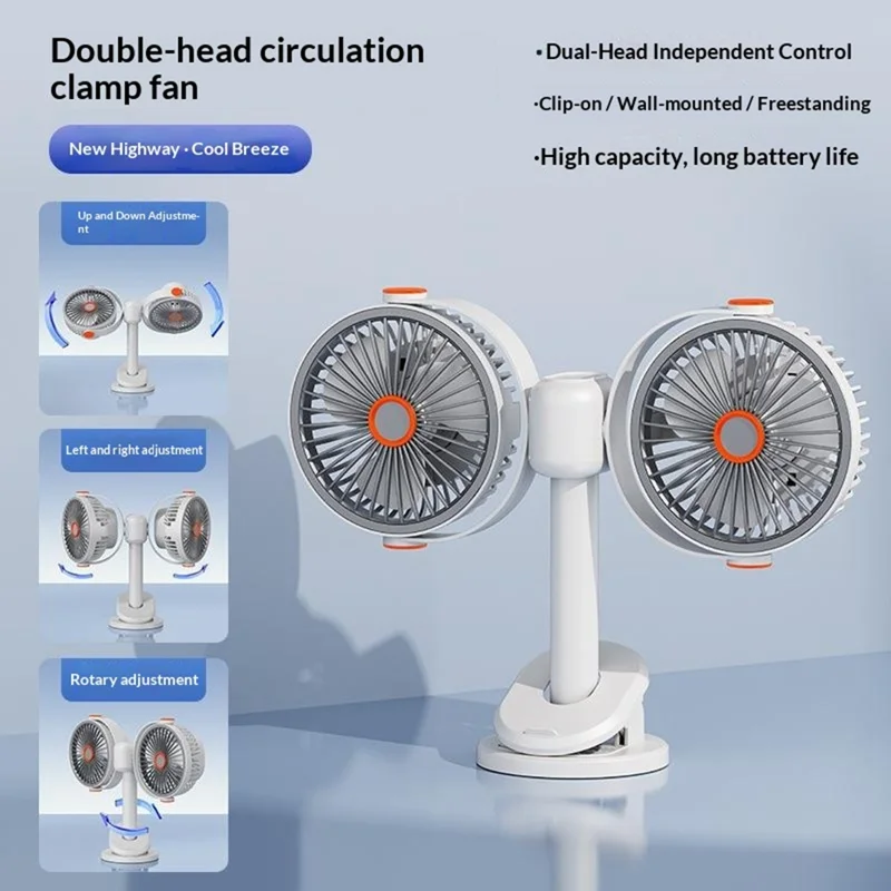 S19 Portable Dual Head Clip Fan 5V 5W Wall Mount Desktop Fan for Office Car Camping