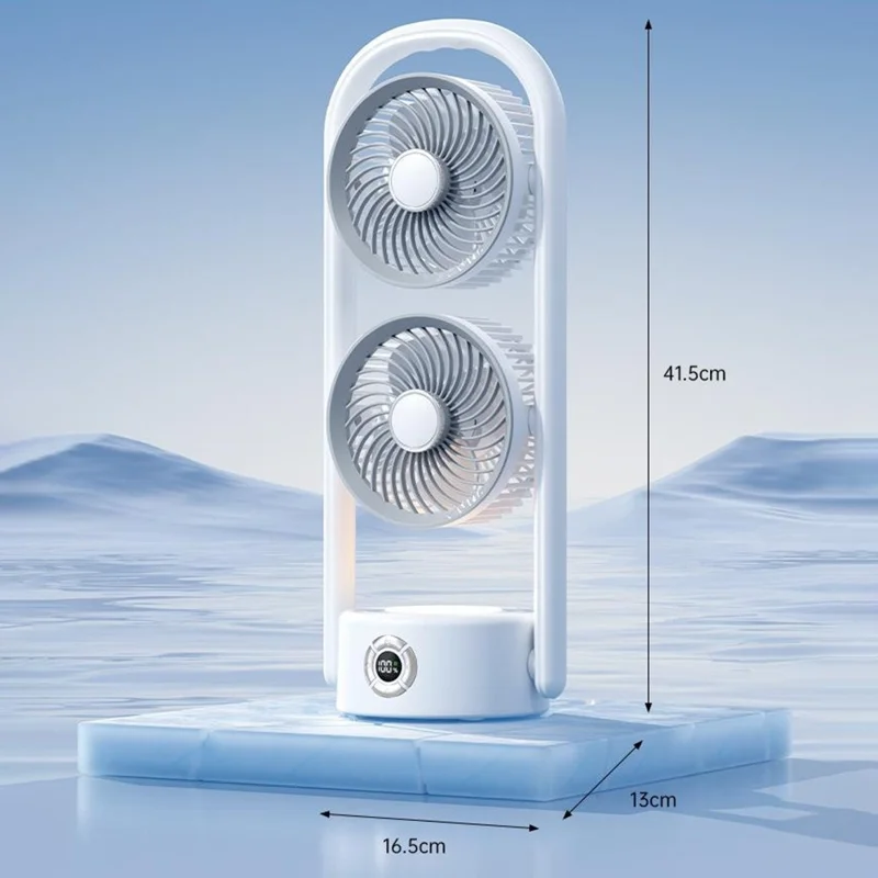 Y-9 Dual Head Folding Fan Rechargeable Twin Turbine Vertical Horizontal Hanging Circulating Fan - White