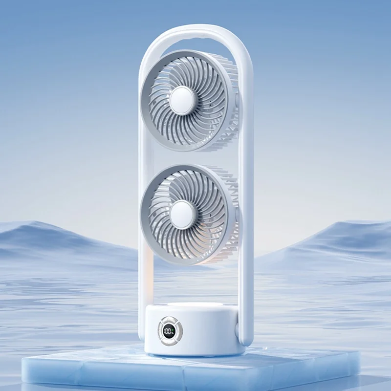 Y-9 Dual Head Folding Fan Rechargeable Twin Turbine Vertical Horizontal Hanging Circulating Fan - White