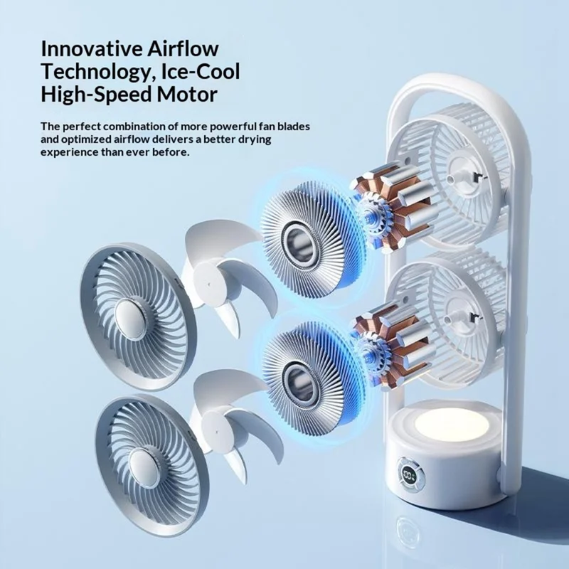 Y-9 Dual Head Folding Fan Rechargeable Twin Turbine Vertical Horizontal Hanging Circulating Fan - White