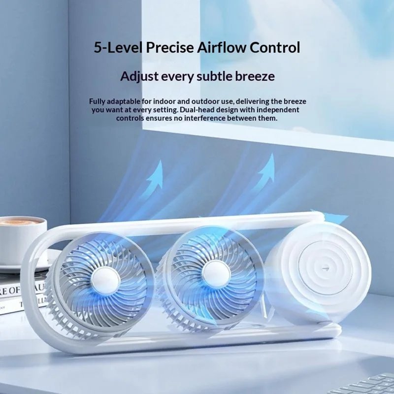 Y-9 Dual Head Folding Fan Rechargeable Twin Turbine Vertical Horizontal Hanging Circulating Fan - White