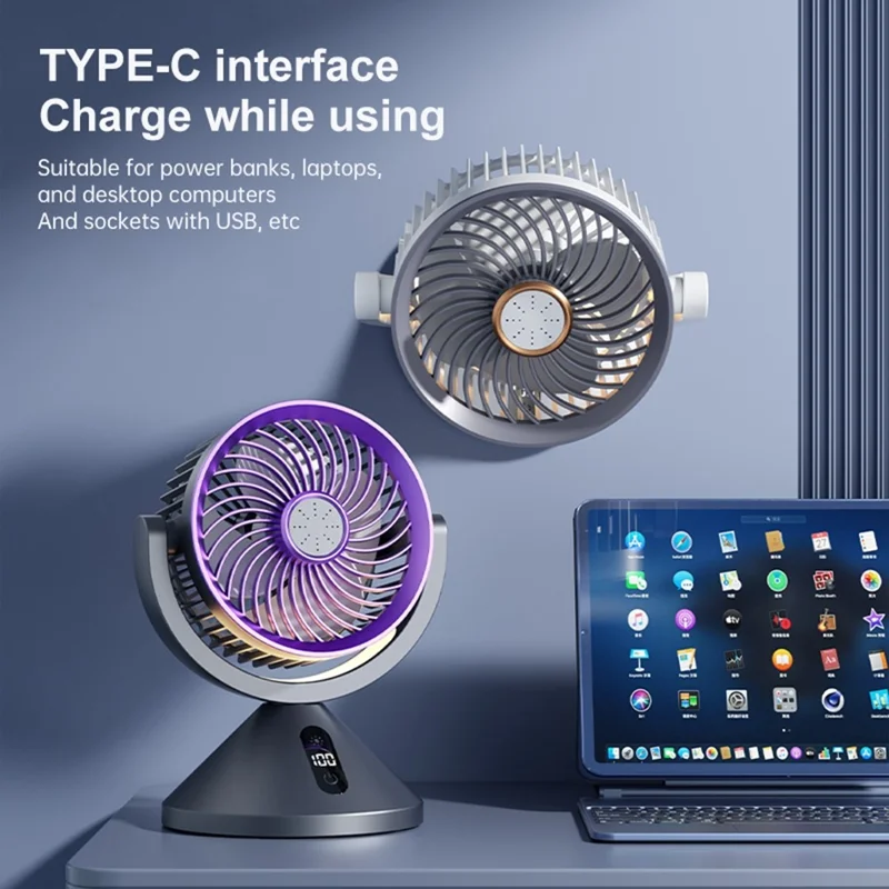 Y-7 Desktop Circulation Fan LED Display 100 Speed Stepless Adjustable Cooling Fan with Night Light for Bedroom Office Camping - Grey Purple