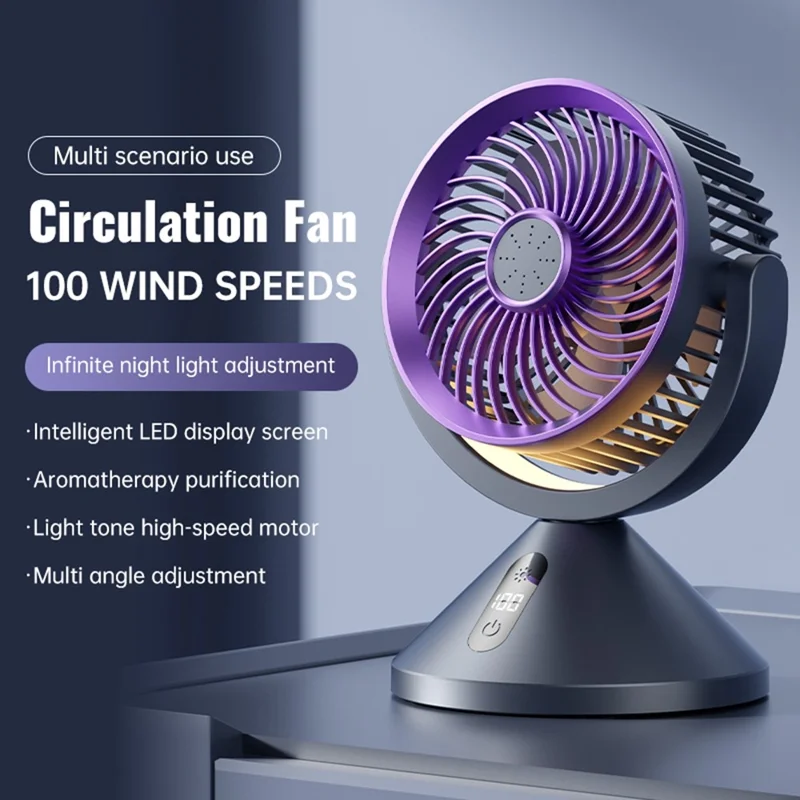 Y-7 Desktop Circulation Fan LED Display 100 Speed Stepless Adjustable Cooling Fan with Night Light for Bedroom Office Camping - Grey Purple
