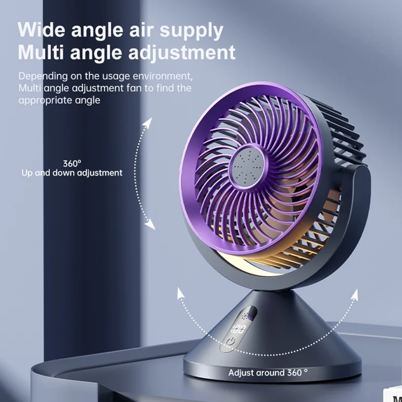 Y-7 Desktop Circulation Fan LED Display 100 Speed Stepless Adjustable Cooling Fan with Night Light for Bedroom Office Camping - Grey Purple