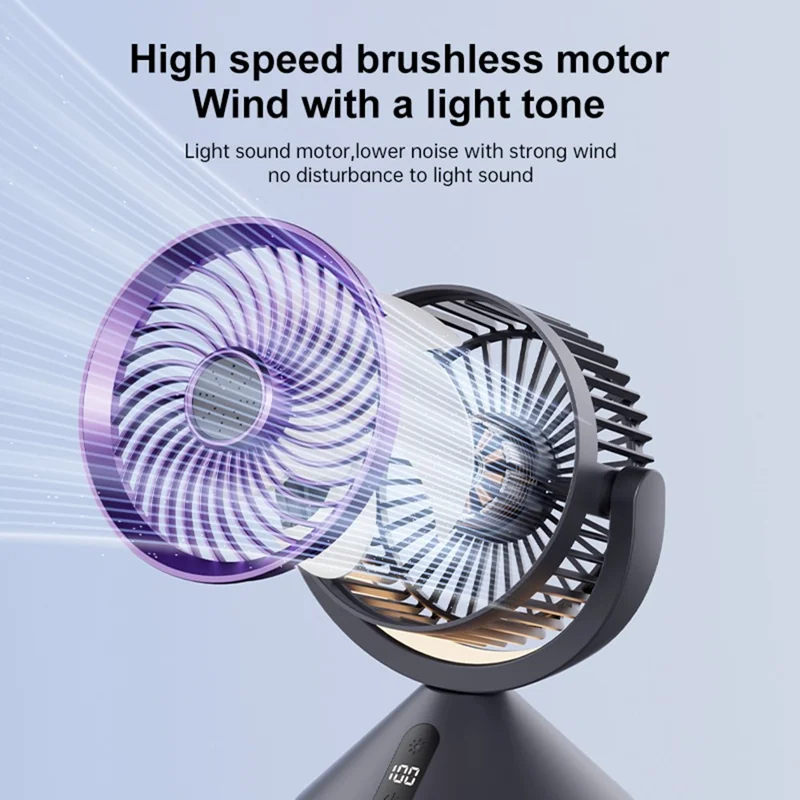 Y-7 Desktop Circulation Fan LED Display 100 Speed Stepless Adjustable Cooling Fan with Night Light for Bedroom Office Camping - Grey Purple