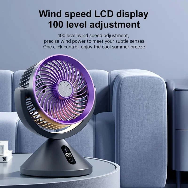 Y-7 Desktop Circulation Fan LED Display 100 Speed Stepless Adjustable Cooling Fan with Night Light for Bedroom Office Camping - Grey Purple