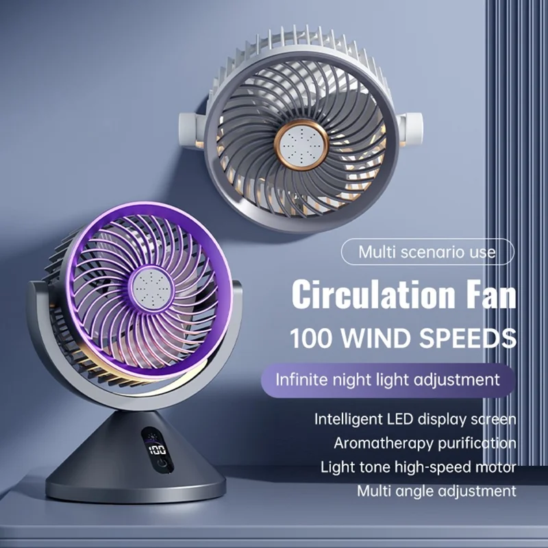 Y-7 Desktop Circulation Fan LED Display 100 Speed Stepless Adjustable Cooling Fan with Night Light for Bedroom Office Camping - Grey Purple