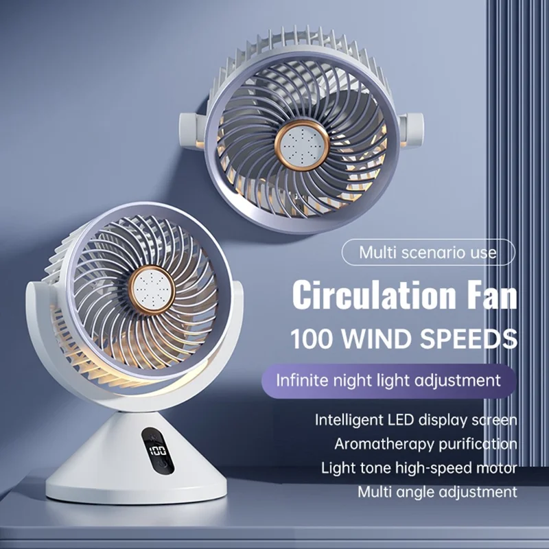 Y-7 Desktop Circulation Fan LED Display 100 Speed Stepless Adjustable Cooling Fan with Night Light for Bedroom Office Camping - Grey Purple