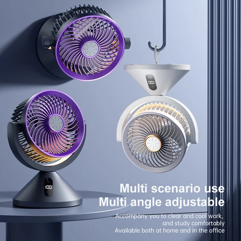 Y-7 Desktop Circulation Fan LED Display 100 Speed Stepless Adjustable Cooling Fan with Night Light for Bedroom Office Camping - Grey Purple