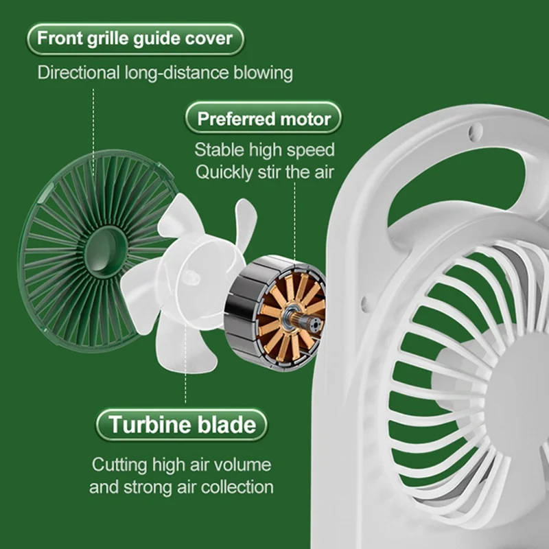 S16 3-Head Desktop Fan USB Rechargeable Portable Stand Fan 3-Speed for Office Camping - Green