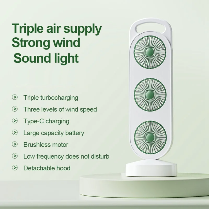 S16 3-Head Desktop Fan USB Rechargeable Portable Stand Fan 3-Speed for Office Camping - Green