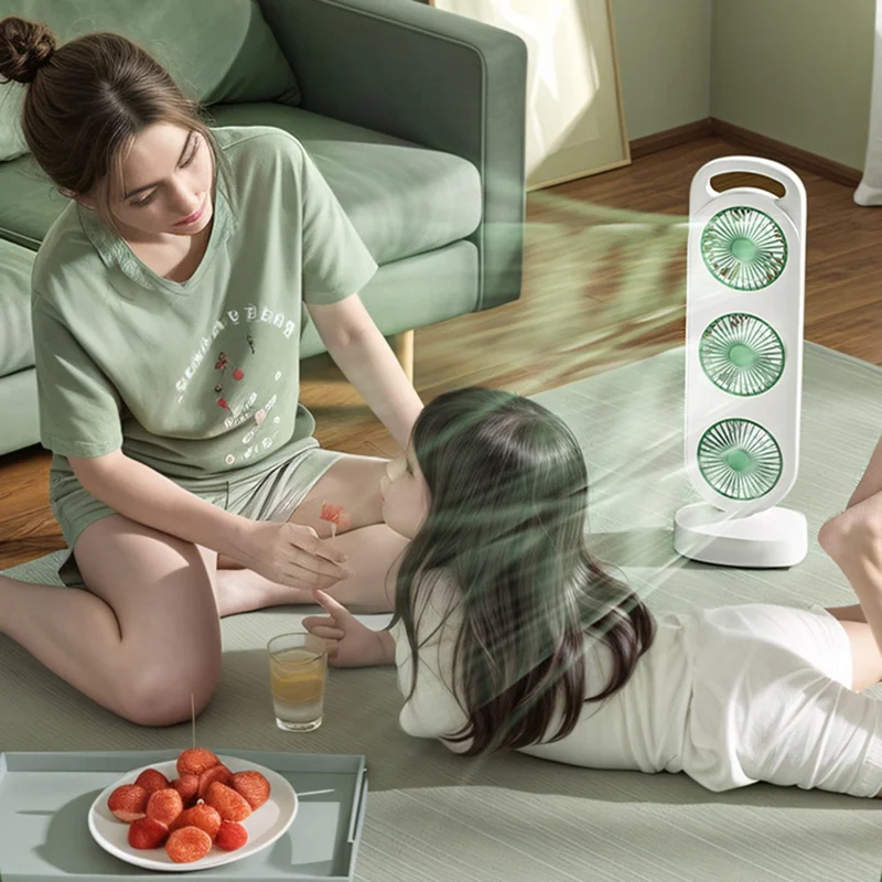 S16 3-Head Desktop Fan USB Rechargeable Portable Stand Fan 3-Speed for Office Camping - Green