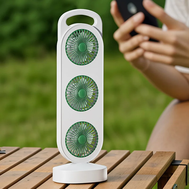 S16 3-Head Desktop Fan USB Rechargeable Portable Stand Fan 3-Speed for Office Camping - Green