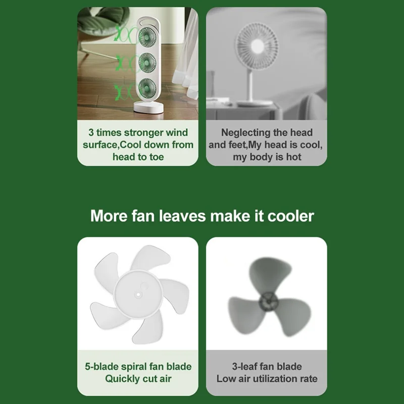 S16 3-Head Desktop Fan USB Rechargeable Portable Stand Fan 3-Speed for Office Camping - Green