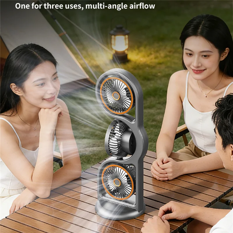 F17 3-Head Desktop Fan 5 Speeds Adjustable 360 Degree Oscillating Circulation Fan with LED Light - Grey