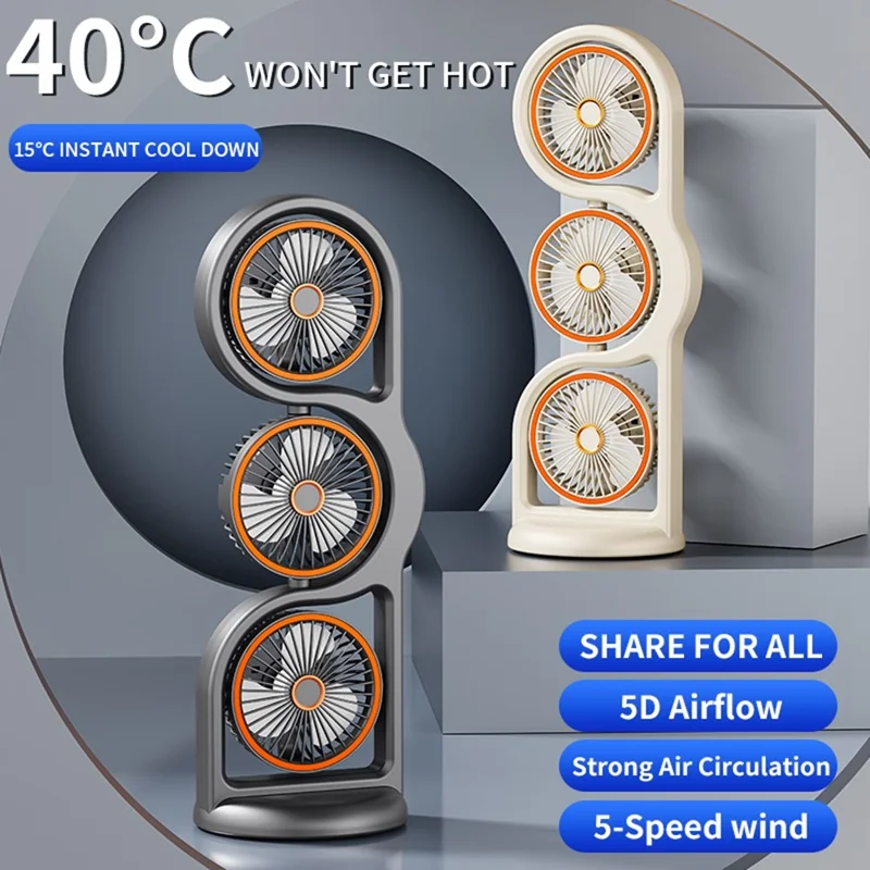 F17 3-Head Desktop Fan 5 Speeds Adjustable 360 Degree Oscillating Circulation Fan with LED Light - Grey