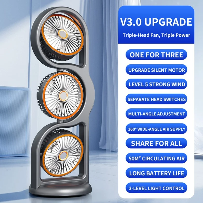F17 3-Head Desktop Fan 5 Speeds Adjustable 360 Degree Oscillating Circulation Fan with LED Light - Grey