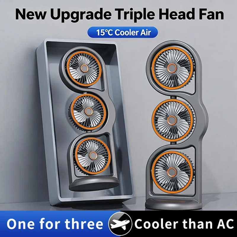 F17 3-Head Desktop Fan 5 Speeds Adjustable 360 Degree Oscillating Circulation Fan with LED Light - Grey