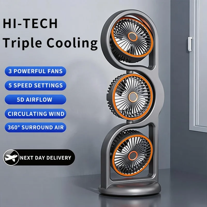 F17 3-Head Desktop Fan 5 Speeds Adjustable 360 Degree Oscillating Circulation Fan with LED Light - Grey
