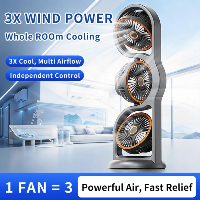 F17 3-Head Desktop Fan 5 Speeds Adjustable 360 Degree Oscillating Circulation Fan with LED Light - Grey