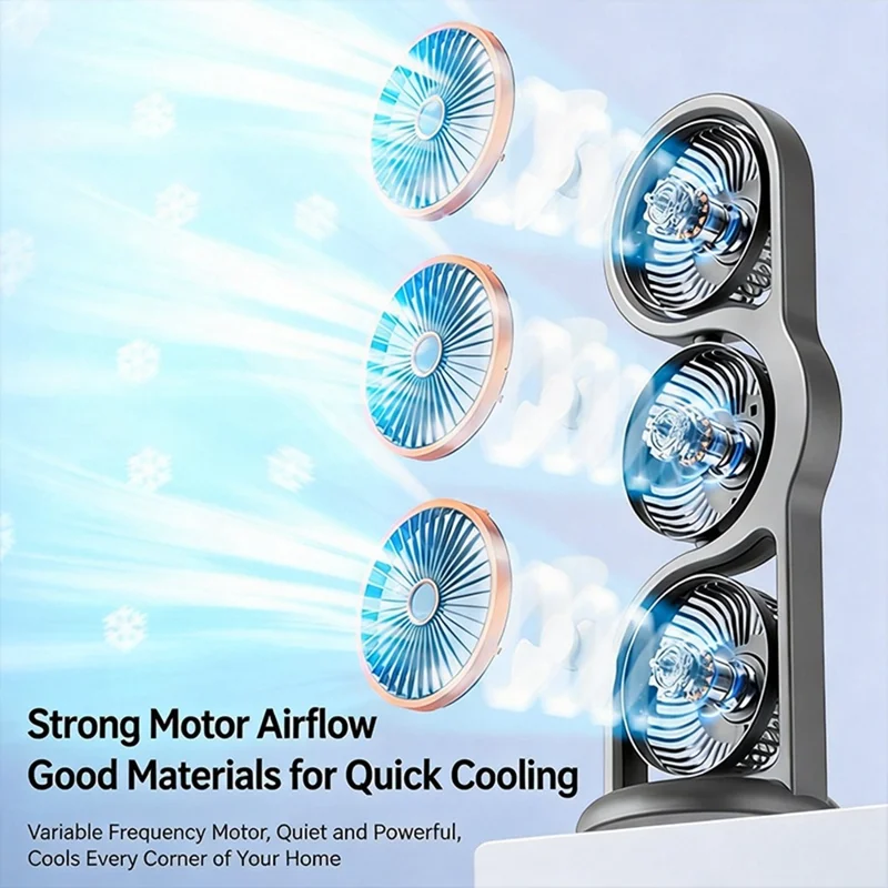 F17 3-Head Desktop Fan 5 Speeds Adjustable 360 Degree Oscillating Circulation Fan with LED Light - Grey