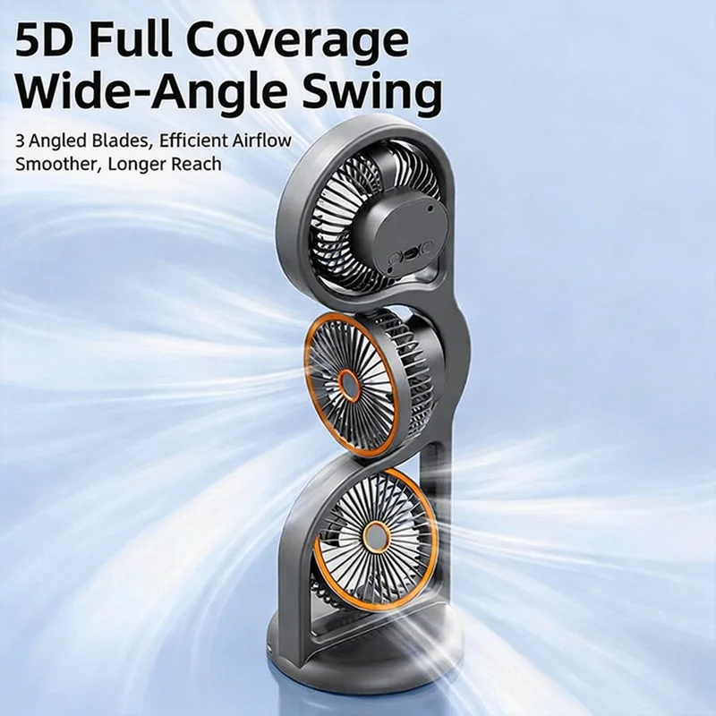 F17 3-Head Desktop Fan 5 Speeds Adjustable 360 Degree Oscillating Circulation Fan with LED Light - Grey