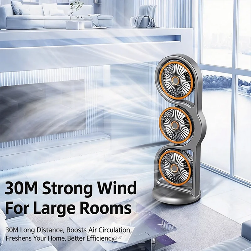 F17 3-Head Desktop Fan 5 Speeds Adjustable 360 Degree Oscillating Circulation Fan with LED Light - Grey