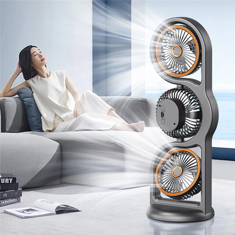 F17 3-Head Desktop Fan 5 Speeds Adjustable 360 Degree Oscillating Circulation Fan with LED Light - Grey