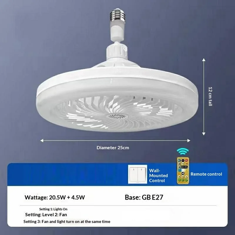 E27 Ceiling Fan Light Remote Control 3 Speeds Adjustable Aromatherapy Lamp for Bedroom Study Room - White