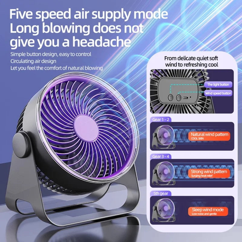 Z2 5-Speed Portable Circulation Desk Fan 1200mAh Type-C Rechargeable Cooling Fan - Grey