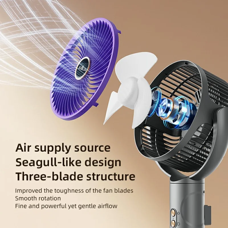 JKJ-108 Air Circulation Desk Fan 2400mAh 5-Speed Adjustable Height Oscillating Floor Fan - White Grey