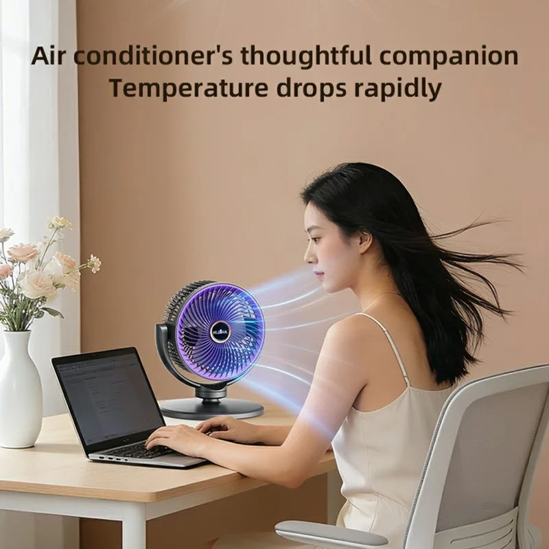 JKJ-108 Air Circulation Desk Fan 2400mAh 5-Speed Adjustable Height Oscillating Floor Fan - White Grey