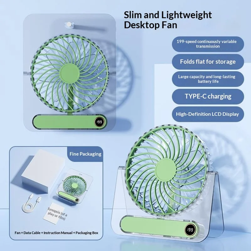 JP-08 199-Vitesse Réglable Très Fin Ventilateur de Bureau Portable Mural USB Rechargeable 1800 mAh - Vert