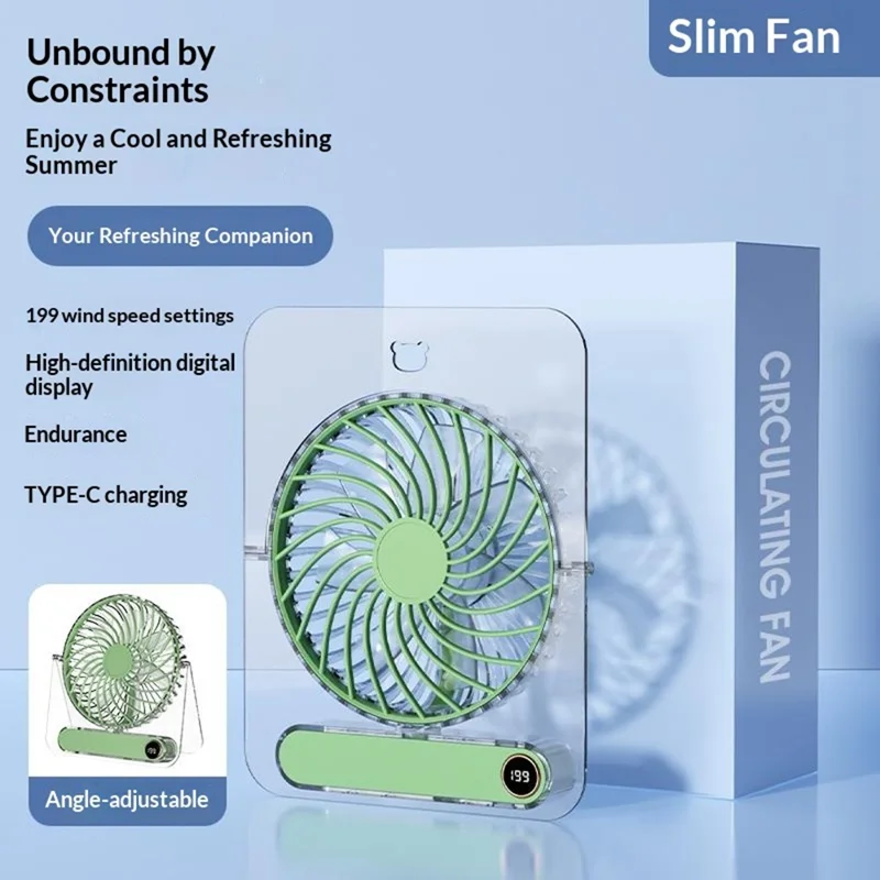 JP-08 199-Vitesse Réglable Très Fin Ventilateur de Bureau Portable Mural USB Rechargeable 1800 mAh - Vert