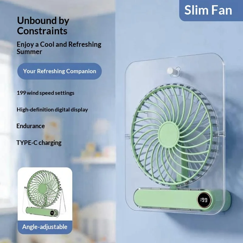 JP-08 199-Vitesse Réglable Très Fin Ventilateur de Bureau Portable Mural USB Rechargeable 1800 mAh - Vert