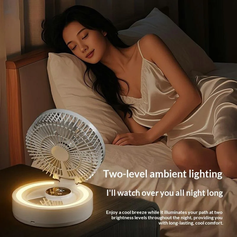 GX-01 Foldable Desk Circulating Fan 5-Speed 2400mAh USB Rechargeable Fan with LED Light Timer - White