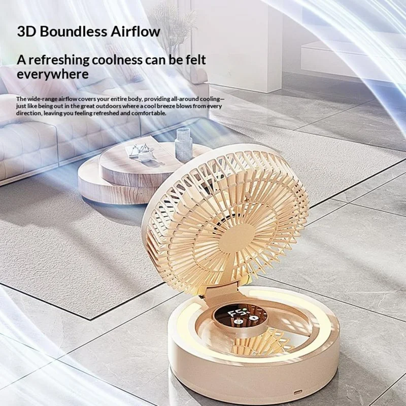 GX-01 Foldable Desk Circulating Fan 5-Speed 2400mAh USB Rechargeable Fan with LED Light Timer - White