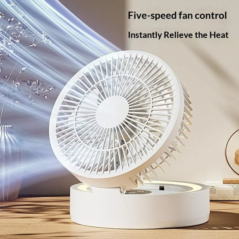 GX-01 Foldable Desk Circulating Fan 5-Speed 2400mAh USB Rechargeable Fan with LED Light Timer - White