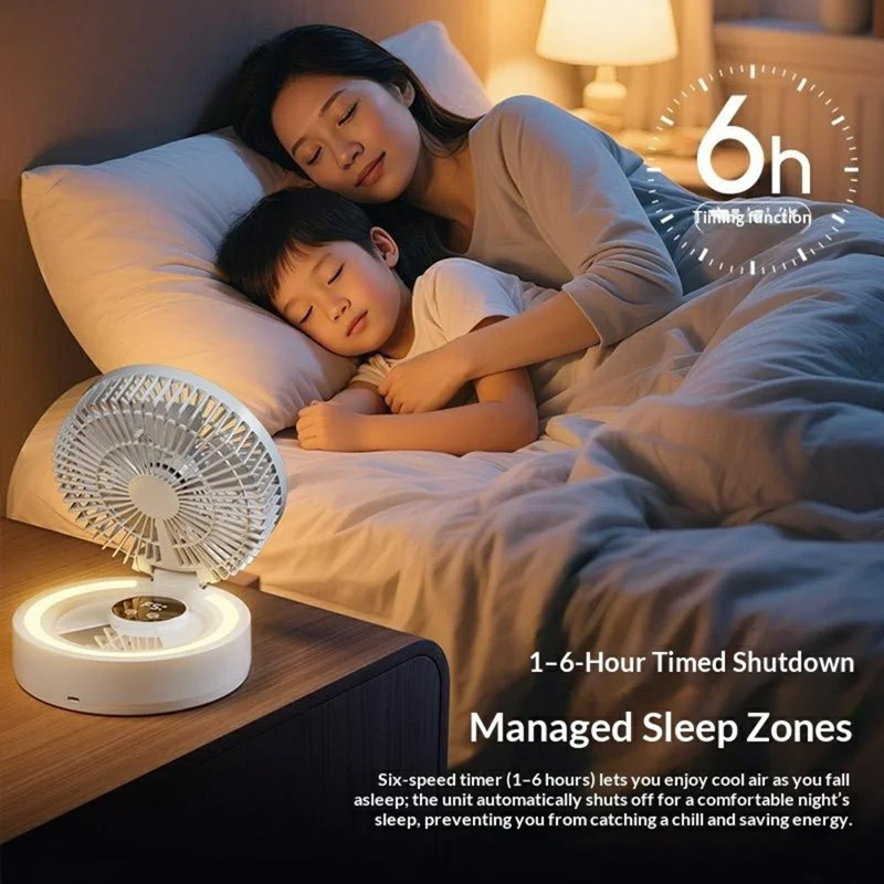GX-01 Foldable Desk Circulating Fan 5-Speed 2400mAh USB Rechargeable Fan with LED Light Timer - White